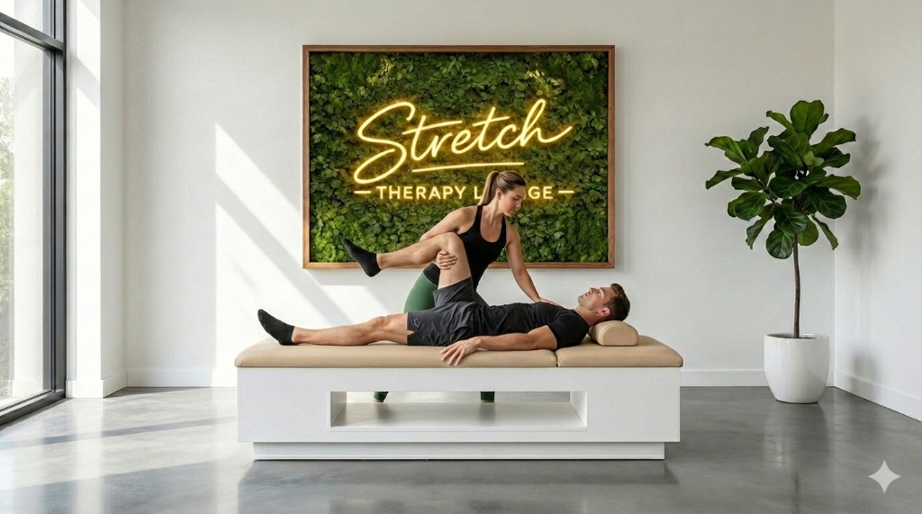 Stretch technician providing assisted stretching to a client on the stretch bed